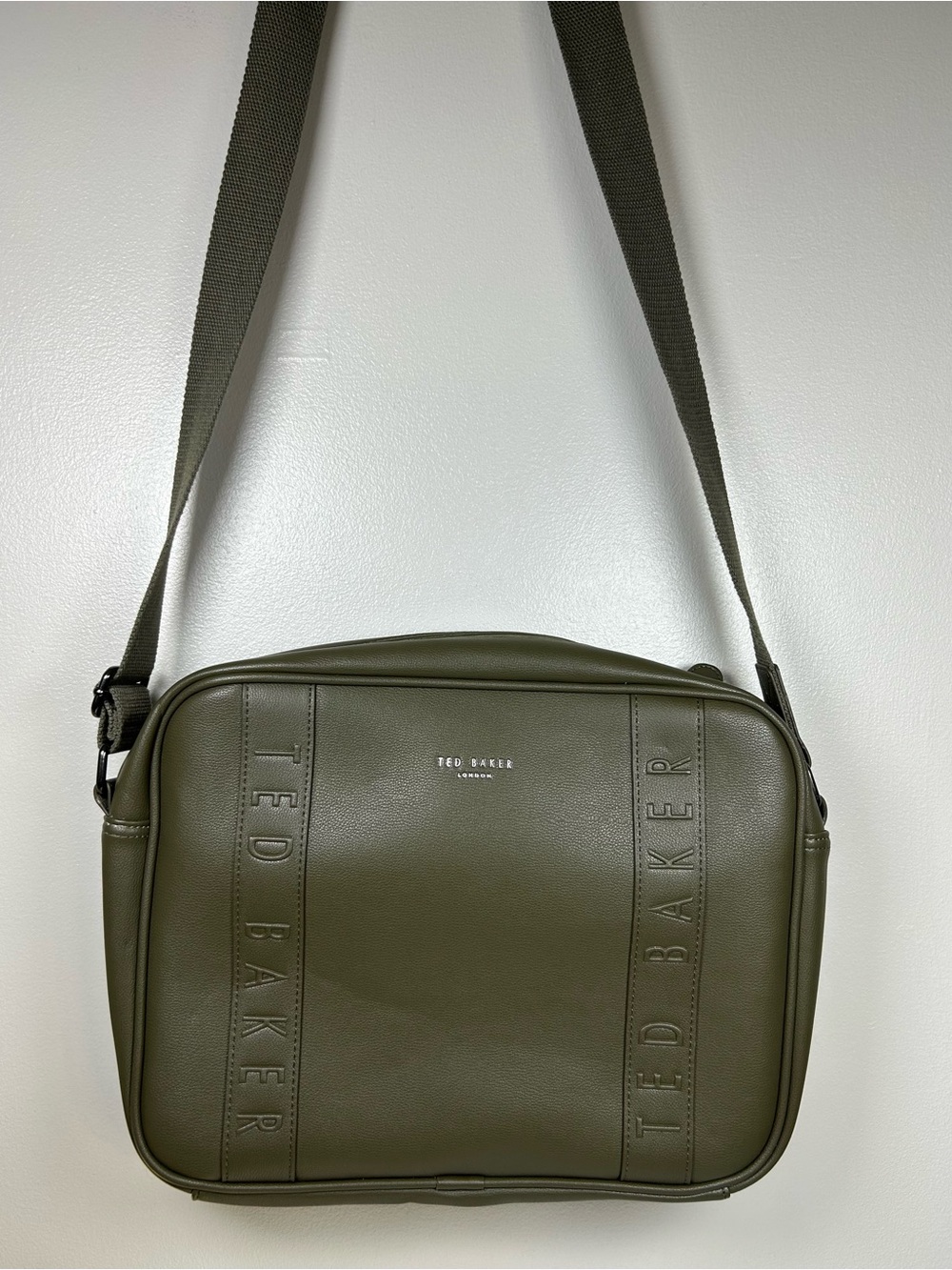 Ted Baker London Unisex Debossed Faux Leather Despatch Messenger Bag Olive Green